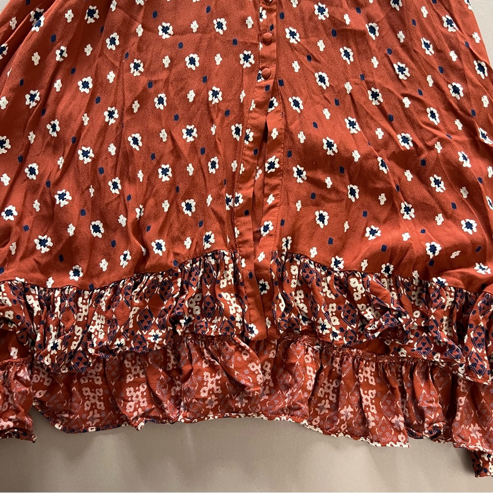 Free People Rust Boho Printed Ruffle Longline Duster - Picture 11 of 16